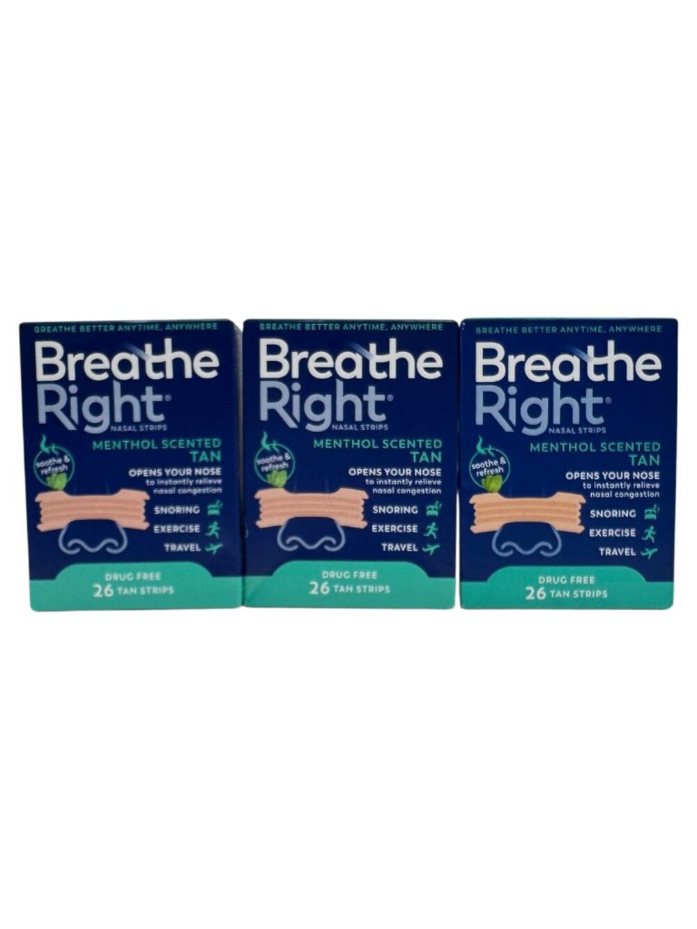 3 Pack Breathe Right Extra Strength Strips Menthol Scented TAN 26 ct Each